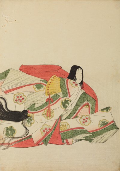 Dama da corte sentada com um leque amarelo, prancha do álbum: Nishiki-zuri onna sanju rokkasen e-zukushi de Chobunsai Eishi