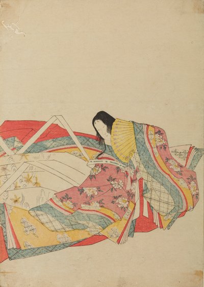 Dama da corte sentada com leque amarelo, prancha do álbum: Trinta e seis poetisas / Nishiki-zuri onna sanju rokkasen e-zukushi de Chobunsai Eishi