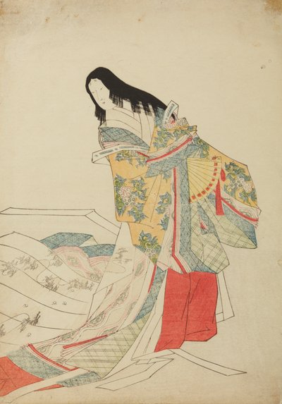 Dama da corte de pé com leque, prancha do álbum: Nishiki-zuri onna sanju e-zukushi de Chobunsai Eishi