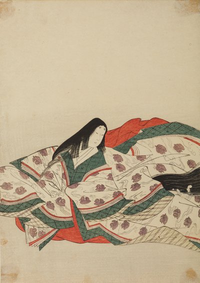 Dama da corte em quimono branco com padrão de patinhos na água, prancha do álbum: Nishiki-zuri onna sanju rokkasen e-zukushi de Chobunsai Eishi