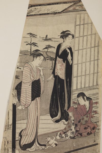 Duas mulheres e uma menina com um gatinho à porta de uma casa de Chobunsai Eishi