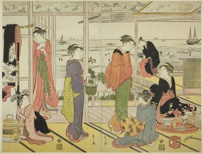 Numa casa de prazer em Shinagawa (Shinagawa no rojo) (xilogravuras a cores; duas folhas de um tríptico oban) de Chobunsai Eishi