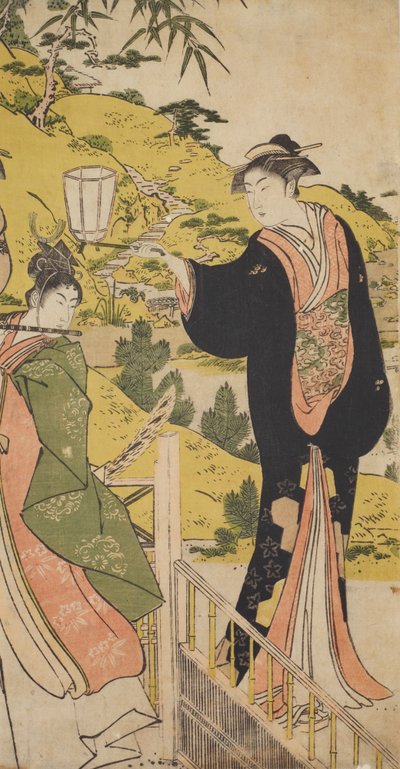 Junger Mann, der Flöte spielt, und Frau mit Laterne de Chobunsai Eishi
