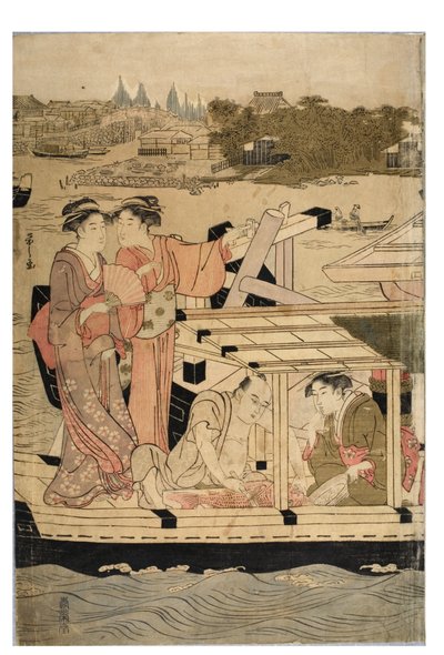 Parte de um pentáptico horizontal da cena do Rio Sumida de Chobunsai Eishi