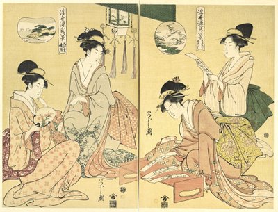 Evocador de espíritos; gansos selvagens a regressar a casa (Maboroshi; Rakugan) (à direita) e um fino véu de nuvens; tempo a abrir (Usugumo; Seiran) (à esquerda), da série Oito vistas do Conto de Genji no mundo flutuante (Ukiyo Genji hakkei) de Chobunsai Eishi