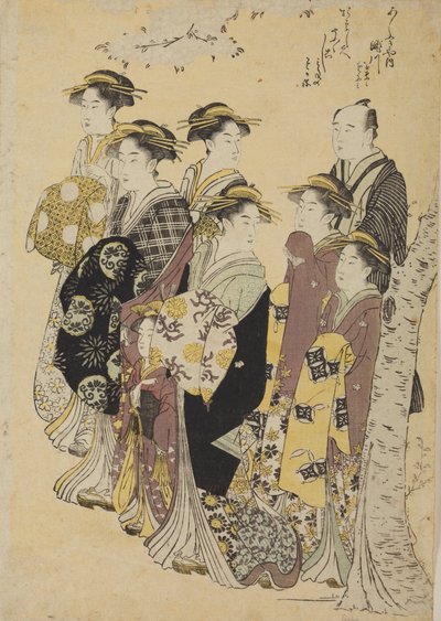 Seis oiran a passear com uma menina e um homem de Chobunsai Eishi