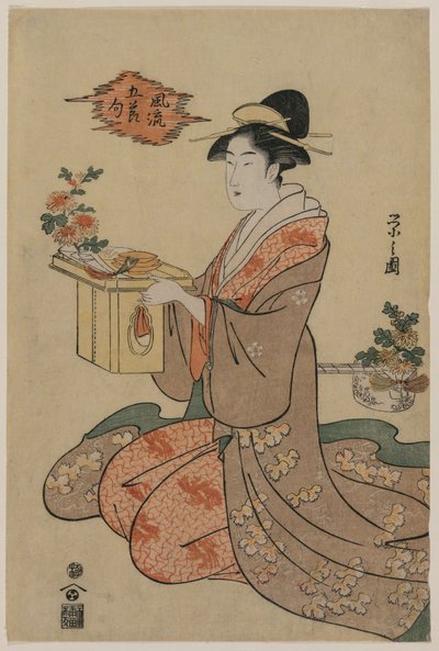 Mulher segurando um suporte de copo de madeira decorado com crisântemos (da série Imagens elegantes dos cinco festivais sazonais) de Chobunsai Eishi
