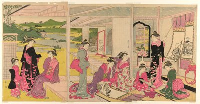 Mulheres vendo pinturas de pergaminho dos deuses da boa fortuna de Chobunsai Eishi