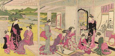 Mulheres vendo pinturas em rolo dos deuses da boa sorte de Chobunsai Eishi