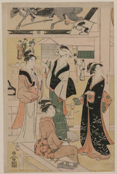 Mulheres visitando uma barraca de chá nos arredores de um templo de Chobunsai Eishi
