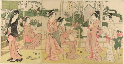 Mulheres vendo dragão e tigre feito de bolsas de tabaco de Chobunsai Eishi