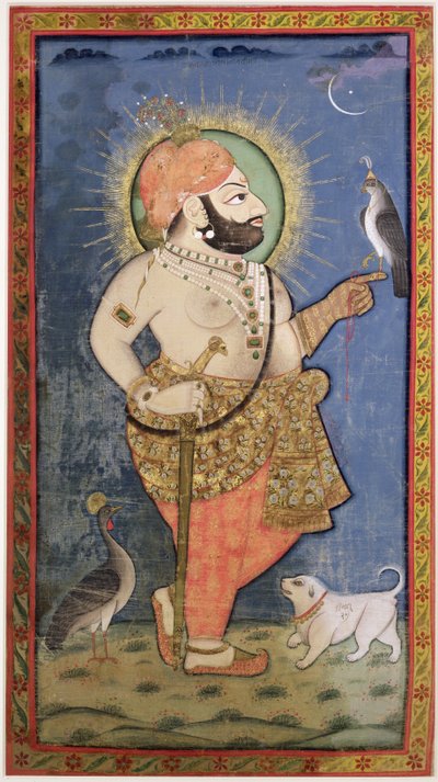 Maharana Bhim Singh de Mewar com um Falcão, Udaipur (Mewar) Rajastão, c.1805 (guache com ouro sobre pano) de Chokha