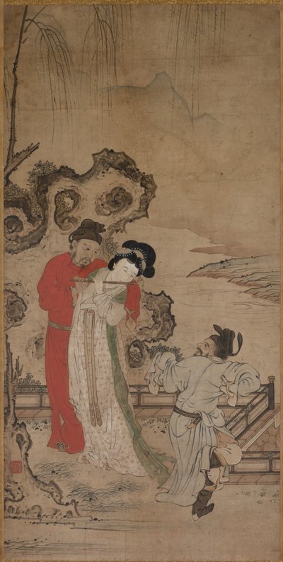 Imperador Minghuang ensinando Yang Gueifei a tocar flauta, final de 1400-início de 1500. de Choryusai