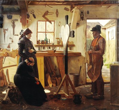 Duas mulheres visitam o artista da aldeia para ver a cruz de sepultura encomendada de Christen Dalsgaard