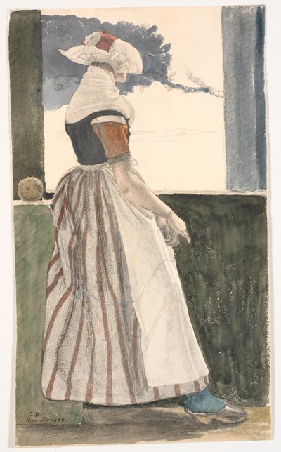 Menina de tricô em Sallingdrakt, olhando pela janela de Christen Dalsgaard