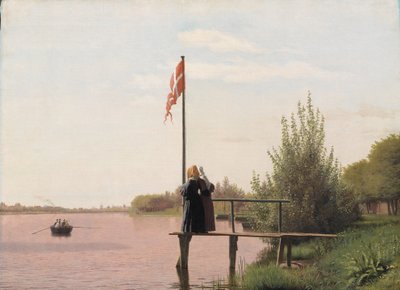 Uma vista do Lago Sortedam de Dosseringen olhando para o subúrbio Nørrebro fora de Copenhague de Christen Købke