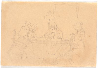 Interior da noite. Quatro senhoras ao redor de uma mesa, costurando à luz de lamparinas de Christen Købke