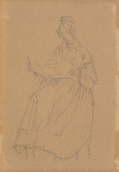 A esposa do artista, sentada de corpo inteiro, lendo um jornal de Christen Købke