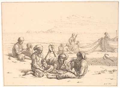 Pescadores napolitanos jogando cartas. Mais pescadores estão ocupados com suas redes. Ao fundo está Capri de Christen Købke