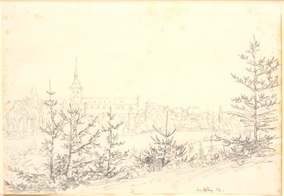 Igreja de St. Knud em Odense vista do pântano dos monges de Christen Købke