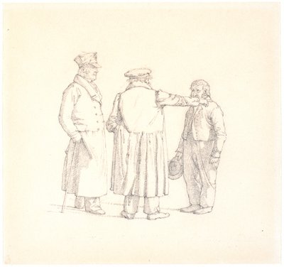 Três pessoas conversando; padeiro Købke, de costas para o meio, t.v. major Krohn e t.h. sargento escravo Spröch de Christen Købke