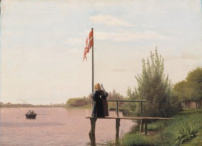 Uma vista do Lago Sortedam de Dosseringen olhando para o subúrbio Nørrebro fora de Copenhague de Christen Købke