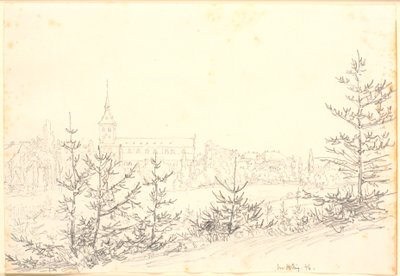 Igreja de St. Knud em Odense vista do pântano dos monges de Christen Købke