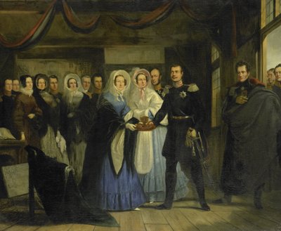 A Princesa de Orange Recebendo Alexandre II (1818-1881), Grão-Duque e Herdeiro do Trono da Rússia, na Casa do Czar Pedro em Zaandam, 17 de abril de 1839 de Christiaan Julius Lodewijk Portman