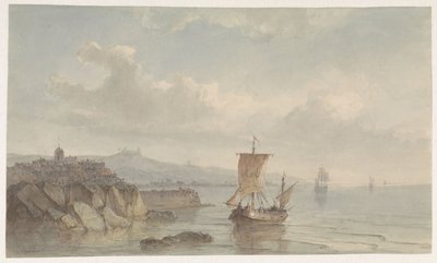 Paisagem costeira com porto e navios na água de Christiaan Lodewijk Willem Dreibholtz