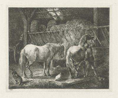 Interior estável com dois cavalos de Christiaan Wilhelmus Moorrees