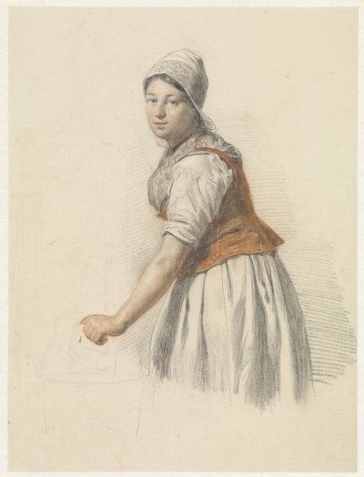 Mulher em pé com balde, à esquerda de Christiaan van Geelen jr.