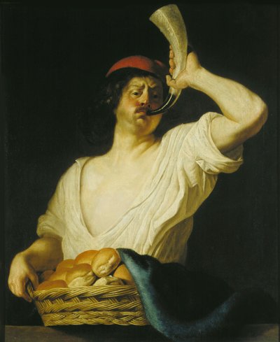 Um padeiro soprando seu chifre, 1650. de Christiaen van Couwenbergh