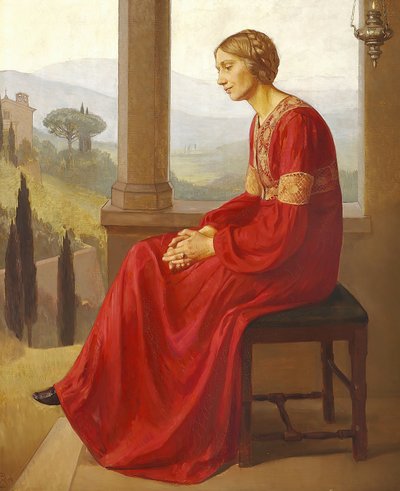 Uma mulher de vestido vermelho sentado em um terraço em uma paisagem italiana de Christian Bang