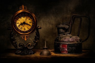 Relógio vintage e lata de óleo de Christian Bibeau