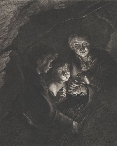 Cena noturna em uma caverna com uma velha segurando brasas em uma panela, um menino soprando..., ca. 1750-57 de Christian Friedrich Boëtius