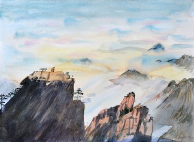 Macaco de pedra a olhar para um mar de nuvens, 2015 (aguarela sobre papel) de Christian Furr