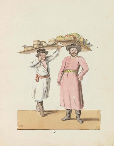 Vendedor de frutas e camponês vendendo queijo e arenque Da série The St. Petersburg..., 1799. de Christian Gottfried Heinrich Geissler