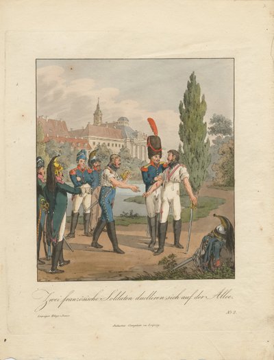 Dois soldados franceses lutando um duelo em uma avenida de Christian Gottfried Heinrich Geissler