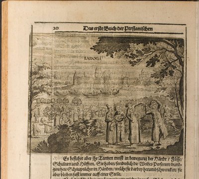 A fortaleza de Staraya Ladoga Ilustração de Travels to the Great Duke of Muscovy and the King de Christian Lorenzen Rothgiesser