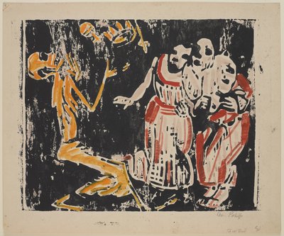 Morte como malabarista (Revolução) (Tod als Jongleur [Revolução]), 1918-19 (xilogravura a cores em amarelo, vermelho e preto em papel pesado) de Christian Rohlfs