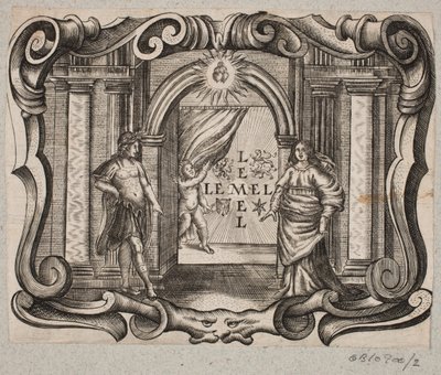 Emblema com portal, homem e mulher, cupido e dois corações ardentes de Christian Rothgiesser