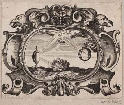 Emblema com sol irradiando através de um anel e através de um vidro em chamas para acender um fogo de Christian Rothgiesser