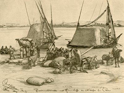 Carregando algodão em barcos de grãos, Rio Nilo, Cairo, Egito, 1898. de Christian Wilhelm Allers