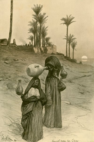 Mulheres carregando potes de água nas margens do Nilo, Cairo, Egito, 1898. de Christian Wilhelm Allers