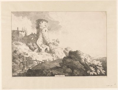 Paisagem montanhosa com torre de Christian Wilhelm Ernst Dietrich
