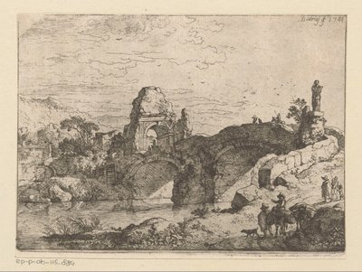Paisagem com a ruína de um portão junto a uma ponte dilapidada de Christian Wilhelm Ernst Dietrich