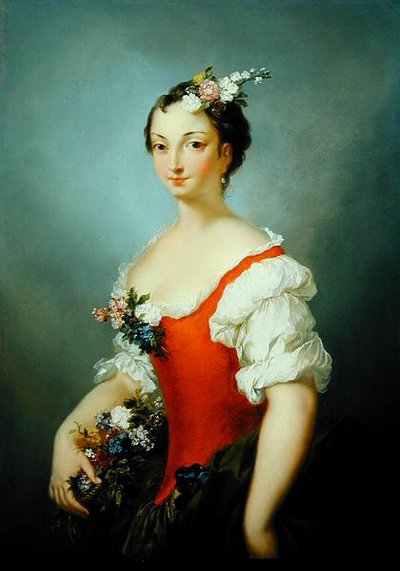 Retrato de uma Senhora segurando flores (óleo no painel) de Christian Wilhelm Ernst Dietrich