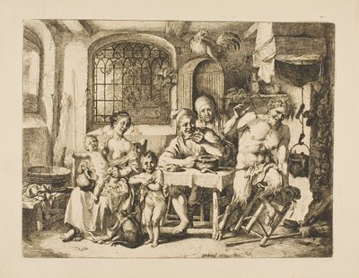 Sátira em casa de camponês, ao estilo de Jordaens de Christian Wilhelm Ernst Dietrich