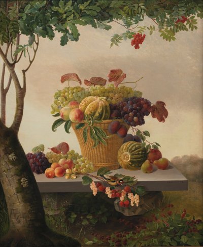 Uma cesta de frutas em uma paisagem de Christine Løvmand