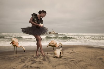 Bailarina e flamingos na praia de Christine von Diepenbroek